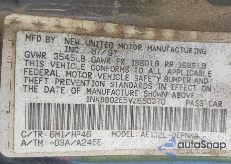 1997 Toyota Corolla Dx from USA, damaged, VIN 1NXBB02E5VZ650370